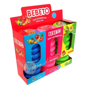CAJA DE CHICLES DE BURBUJAS SUPER LARGA BEBETO CON TODO AFRUTADO, FRESA, MANZANA TROPICAL - Imagen 1 de 3