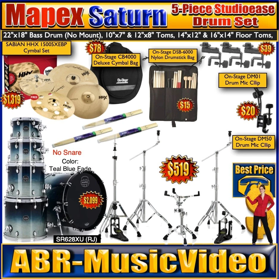 Mapex Saturn 5 PC Drums, SABIAN HHX15005XEBP Cymbals Mapex Mars HP8005 Hardware - Image 1 of 4