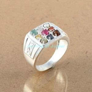 925 Sterling Silver Round Cut Natural Navratna Gemstone Anniversary Ring Jewelry - Picture 1 of 3