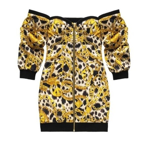 Raro abito Moschino H&M Jeremy Scott Designer catena oro nero taglia 8 36