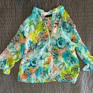 New NWT INVESTMENTS II Floral Semi Sheer Blouse Plus Size 1X 3/4 Sleeve Top - Picture 1 of 3