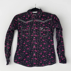 Women's Cowgirl Hardware Embellished Western Shirt M 7 8 Pink Horses Pearl Snap - Picture 1 of 11