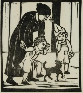 D. GREINER (1872-1943), Straßenszene mit Kindern, um 1930, Holzschnitt Realismus - Bild 1 von 4