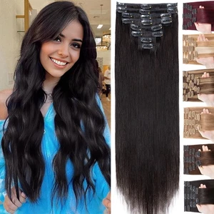 Glatt 8 Tressen Clip In 100% Remy Echthaar Extensions Haarverlängerung Glatt Icy - Bild 1 von 69