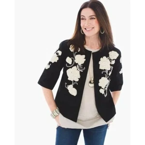 Chico's Floral Embroidered Beaded Jacket - Black 3/XL - Picture 1 of 12