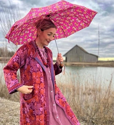 Cárdigan Largo Suéter Gundrum Sjoden Naranja/Púrpura/Rosa Floral Talla M Bolsillos Boho Foto 1 de 4