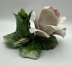 Capodimonte Napoleon Crown Candle Stick Holder Pink Geen Floral Roses Italy - Picture 1 of 9