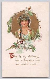 Embossed Postcard Pretty Native American Woman Birthday Greeting Apple Blossoms - Picture 1 of 3