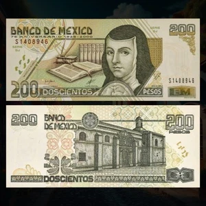 2000 Mexico 200 Pesos Banknote, 75th Anniversary of Banco de Mexico, Temple, UNC - Picture 1 of 3