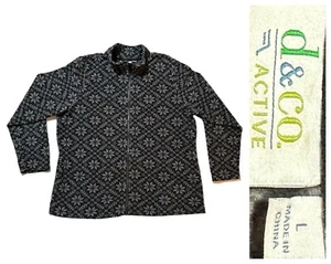 D & Co ACTIVE Fleece Zip Up Jacket Womens Sz Large Black & Gray Snowflake Print - Picture 1 of 13