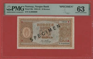 NORVEGIA ESEMPLARE 10 CORONE 1947 PICK # 26s PMG 63 SCELTA NON CIRCOLATO. - Foto 1 di 2