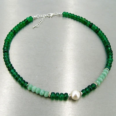 BAILYSBEADS hellgrün Diopsid Chrysopras Smaragd-Kette Halskette mit MK Perle neu - Bild 1 von 3