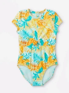 NWT Girls' Leaf Print Short Sleeve Back-Zip One Piece Swimsuit Guard By Art Clas - Picture 1 of 5