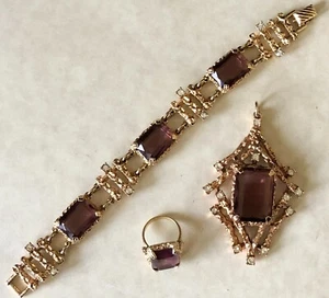 1960-70er MCM SARAH COVENTRY Lila Amethyst Strass Armband Anhänger Ring Set - Bild 1 von 12