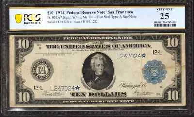 1914 $10 FEDERAL RESERVE STAR NOTE FR.951a* SAN FRANCISCO PCGS VF 25 FINE (024*) - Image 1 of 2