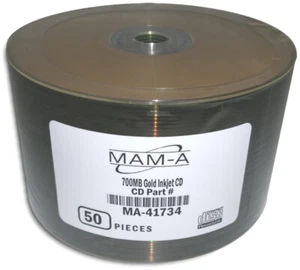 100-Pak MAM-A (Mitsui) GOLD INKJET/GOLD 52X 80-Min Archival CD-R's, #41734 - Picture 1 of 2