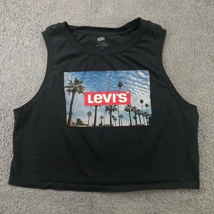 Levi's Crop Top Womens Large Black Sleeveless Pullover Graphic Shirt Palm Trees - Picture 1 of 12