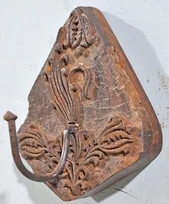 Antique Wooden Textile Printing Block Hook Hanger Original Old Hand Carved - Image 1 of 4