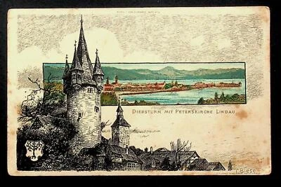 Lindau, Diebsturm, C. Biese Künstler Litho, Federstrich u. Color,ungel. vor 1900 - Bild 1 von 2