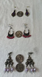 3 Lot Dangle Glass Bead Silver Tone Earrings: Lilac, Pink, And Purple Hues - Picture 1 of 7