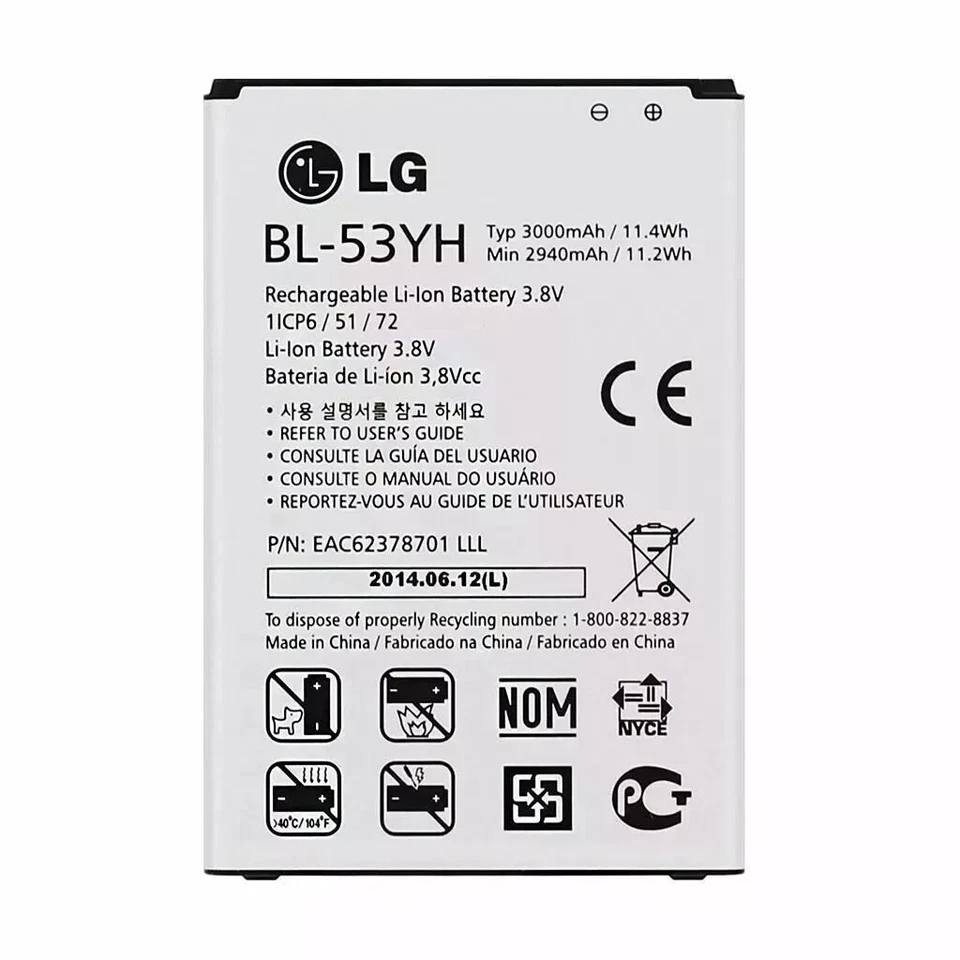 Batería Original BL-53YH Fabricante de Equipo Original para LG G3 D850 D851 D852 D855 LS990 VS985 F400 EE. UU. Foto 1 de 1
