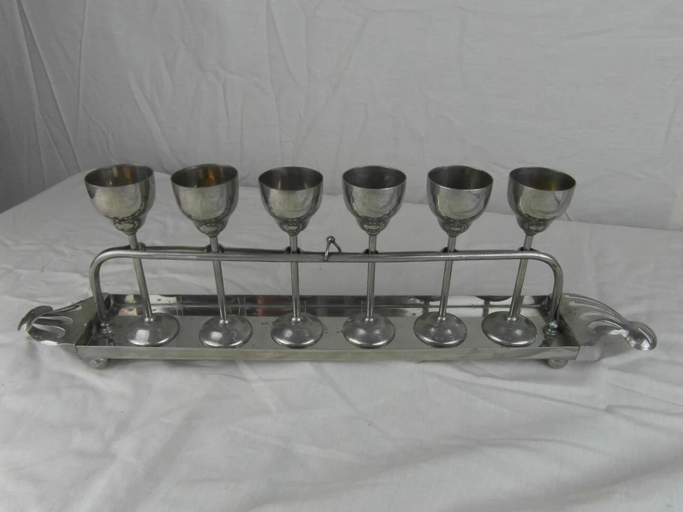 Tablett 6 Becher Messing Etagere Jugendstil Vernickelt Klappbar Tresor Rar o15b1 - Bild 1 von 4