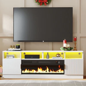 White 70" LED TV Stand 38" Electric Fireplace Entertainment Center Cabinet,Shelf - Picture 1 of 18