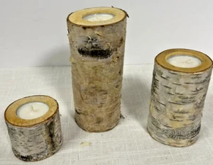 Three Natural White Birch Wood Tea Light Holders ~ Rustic Farmhouse Decor - Picture 1 of 12