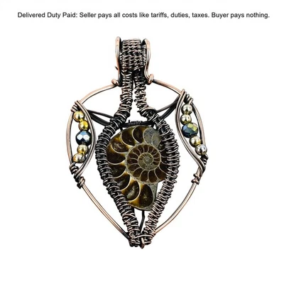 Piedra fósil de amonita cuentas de titanio envueltas en alambre moderno Art Deco colgante cobre Foto 1 de 4