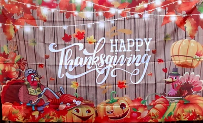 3.5 ft x 7 ft HAPPY THANKSGIVING Funny Turkey, Barnwood Lights Backdrop Banner - Image 1 of 4