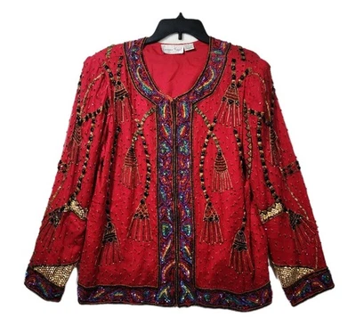 Chaqueta blazer vintage años 80 Lawrence Kazar lentejuelas cuentas adornada seda roja XL Foto 1 de 4