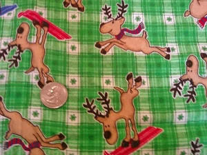 CHRISTMAS Vintage REINDEER On GREEN CHECK 1990's Flannel COTTON Fabric-over 1 yd - Picture 1 of 2