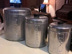 Juego de botes de cocina de aluminio hilado vintage de 3 piezas harina café té - Imagen 1 de 13