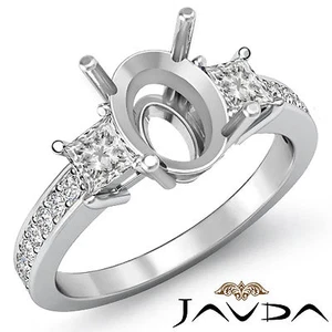 3 Stone Unique Diamond Engagement Ring Princess Oval Mount 14k White Gold 0.8Ctw - Picture 1 of 3