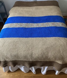 "Hecho a mano ganchillo afgano azul tostado rayas marrón Country Cabincore 78 x 62""" - Imagen 1 de 7