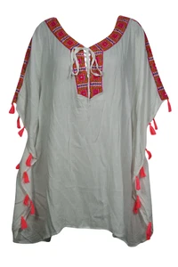 Women's Short Kaftan Kimono Sleeves With Tassels White Scoop Neck Tunic Dress