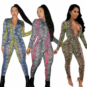 Woman Long Sleeve Jumpsuit snakeskin Printed Front Zipper Tight Bodysuit S-2XL - Picture 1 of 7