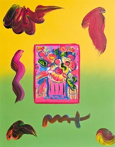PETER MAX Flowers in Vase 2010 unique variation original mixed media HAND SIGNED - Picture 1 of 8