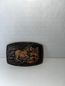 Embossed Leather Running Horse Brass Belt Buckle - Picture 1 of 1