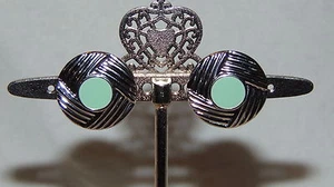 SILVER TONE AND GREEN ROUND EARRINGS PIERCED - Picture 1 of 1