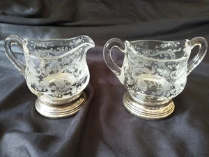 Vtg Sterling Silver Cambridge Chantilly Elegant Depression Glass Creamer Sugar - Picture 1 of 10