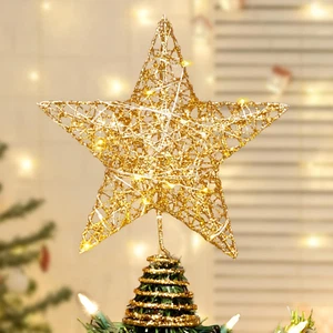 Gold Glitter Star Tree Topper Metal Hallow Tree Star Lighted for Christmas Tree - Picture 1 of 7