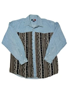 Camisa De Colección Western Denim y Pana Perla Botón a Presión Manga Larga Camisa Talla L Foto 1 de 4