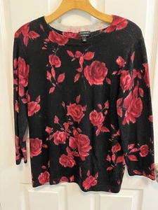Talbots L Sweater Pure Marino Wool 3/4 Sleeves Pink Black Floral Preowned - Picture 1 of 11
