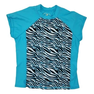 OP Girls Swim Rashguard Blue Black Medium Animal Print Short Sleeve High Collar - Picture 1 of 5