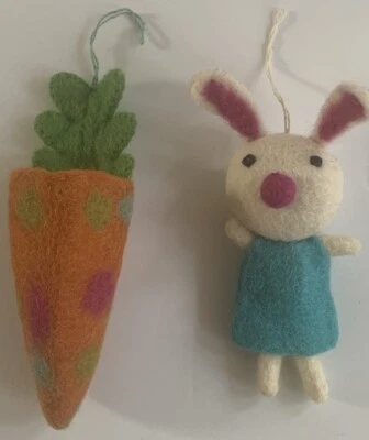 2 Primitive Folk Art Handmade Wool Felt Carrot Bunny Easter Ornament Country 6" - Image 1 of 4