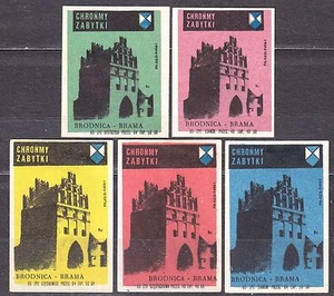 POLAND 1965 Matchbox Label Z#621 set, Protect the monuments, Brodnica Gate. - Picture 1 of 1