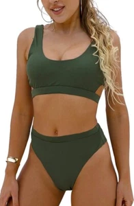 Blooming Jelly Women's High Waisted Swimsuit Crop Top Cut Out Two Piece Cheeky L - Picture 1 of 7