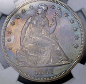 1847 SEATED LIBERTY DOLLAR NGC MS 61 ABSOLUTELY BEAUTIFUL PATINATION OVER A FULL - Picture 1 of 12