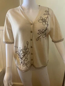 Cotton Country by Parkhurst Ivory Sweater Brown Flower Stitching and Beads Large - Picture 1 of 11